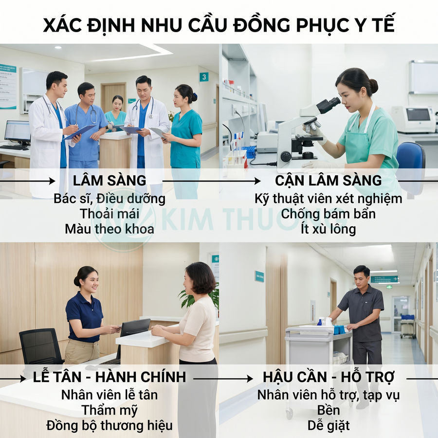 Các mẫu đồng phục y tế cho bác sĩ, điều dưỡng, kỹ thuật viên xét nghiệm, lễ tân và nhân viên hỗ trợ trong bệnh viện