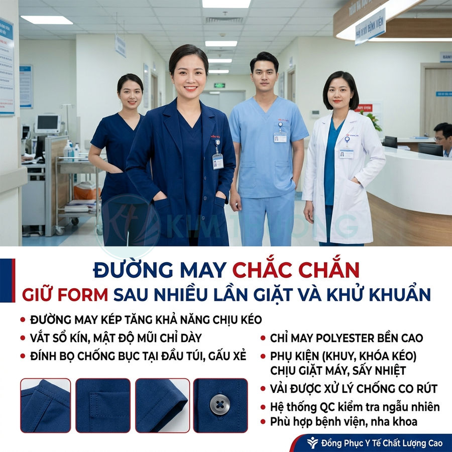 Đồng phục y tế cao cấp cho bác sĩ y tá màu xanh navy và xanh dương trong bệnh viện hiện đại