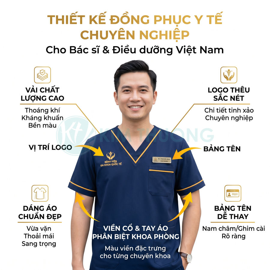 Đồng phục y tế màu xanh navy cho bác sĩ điều dưỡng Việt Nam, vải cao cấp, logo thêu sắc nét và bảng tên chuyên nghiệp