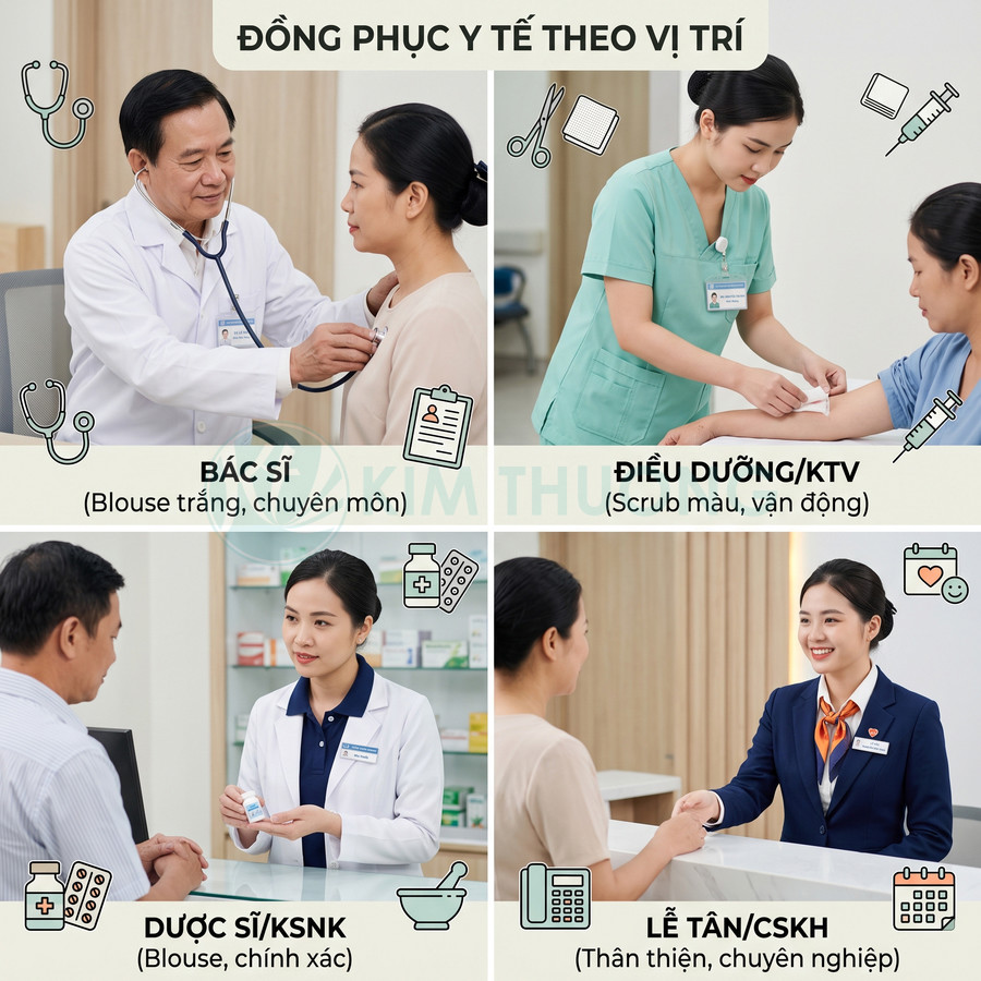 Đồng phục y tế cho bác sĩ, điều dưỡng, dược sĩ và lễ tân chăm sóc khách hàng trong bệnh viện