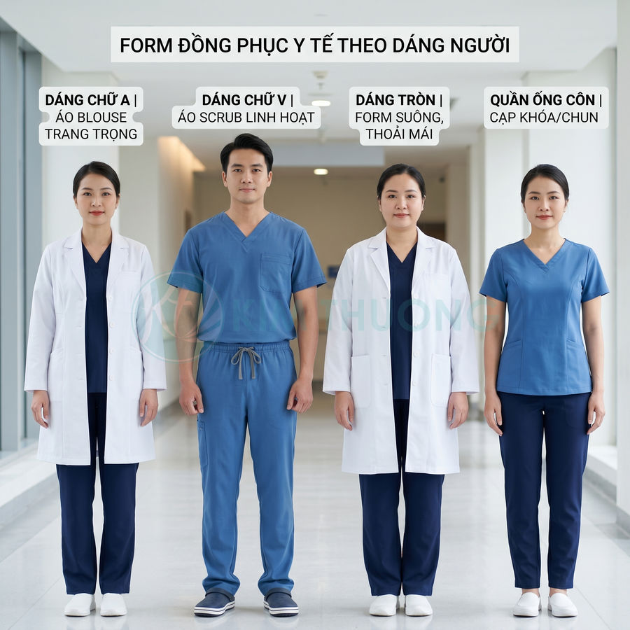 Nhân viên y tế mặc đồng phục scrub và áo blouse trắng nhiều kiểu dáng trong hành lang bệnh viện