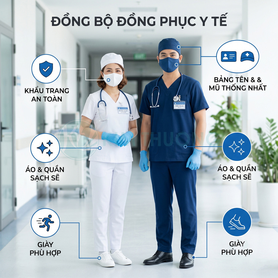 Bộ đồng phục y tế nam nữ màu trắng và xanh navy đầy đủ khẩu trang găng tay bảng tên giày phù hợp