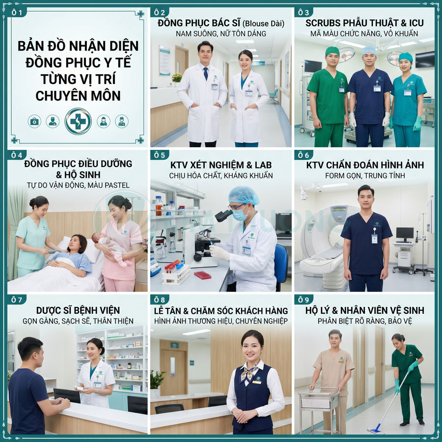 Bản đồ nhận diện đồng phục y tế cho bác sĩ, điều dưỡng, kỹ thuật viên, dược sĩ, lễ tân và nhân viên vệ sinh