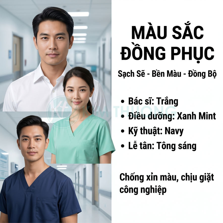 Đồng phục bệnh viện cho bác sĩ áo trắng, điều dưỡng áo xanh mint, kỹ thuật viên áo navy trong hành lang y tế