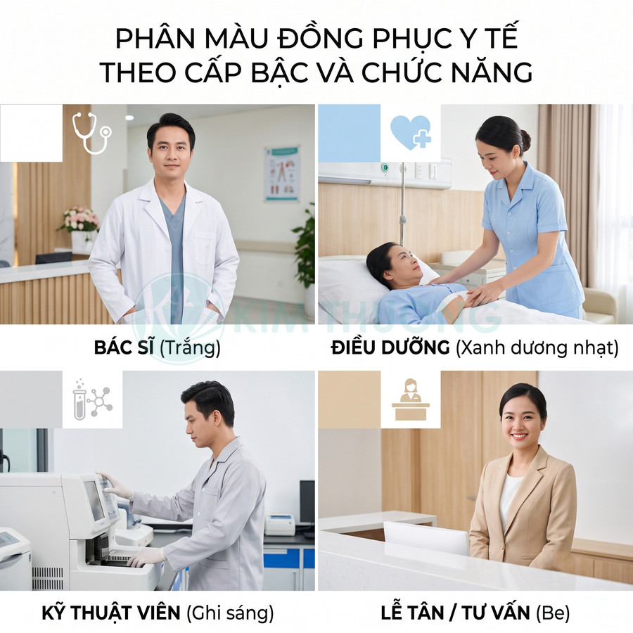 Phân màu đồng phục y tế cho bác sĩ, điều dưỡng, kỹ thuật viên và lễ tân theo từng cấp bậc và chức năng