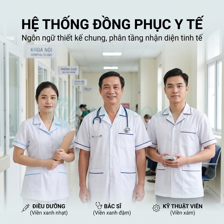 Đồng phục y tế màu trắng viền xanh cho bác sĩ điều dưỡng kỹ thuật viên trong bệnh viện