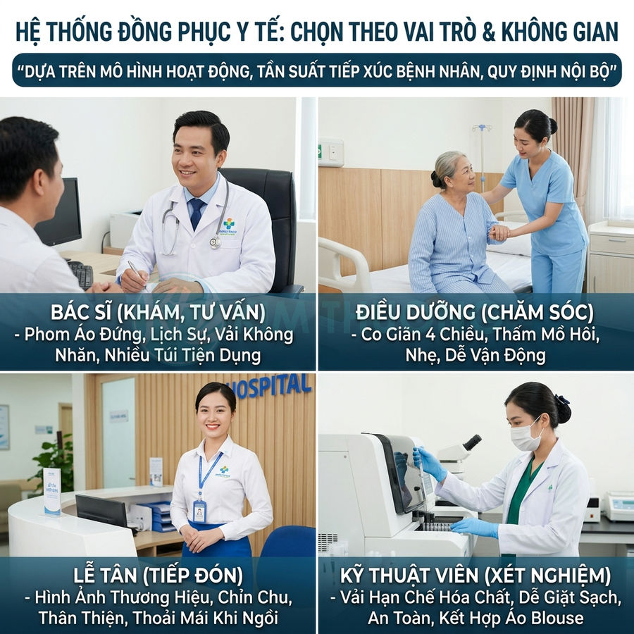 Đồng phục y tế bệnh viện cho bác sĩ, điều dưỡng, lễ tân và kỹ thuật viên xét nghiệm trong không gian khám chữa bệnh
