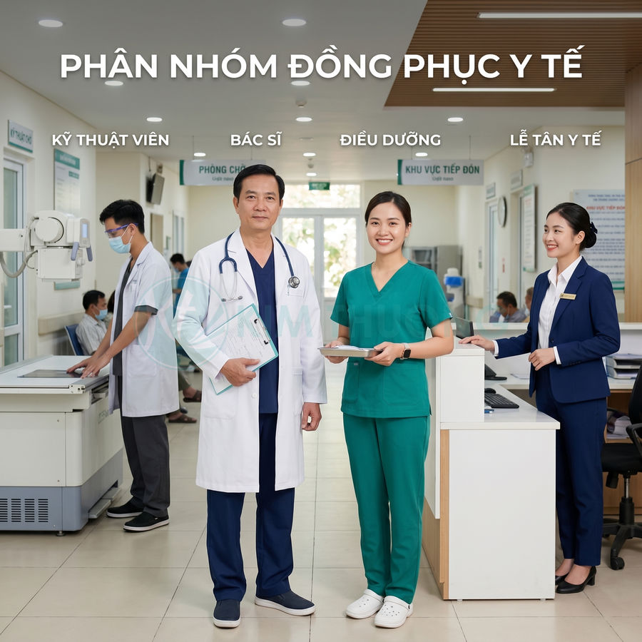 Nhóm nhân viên bệnh viện mặc đồng phục y tế gồm bác sĩ, điều dưỡng, kỹ thuật viên và lễ tân trong sảnh khám chữa bệnh