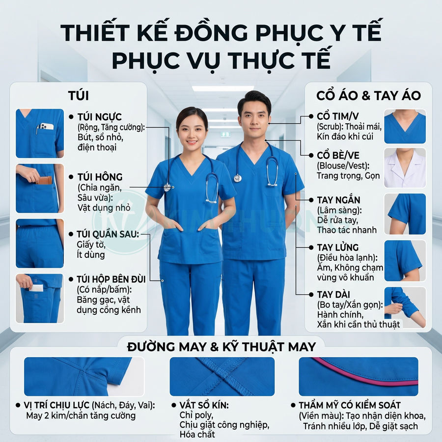 Đồng phục y tế màu xanh dương cho bác sĩ y tá với nhiều loại túi và thiết kế cổ tay áo tiện dụng