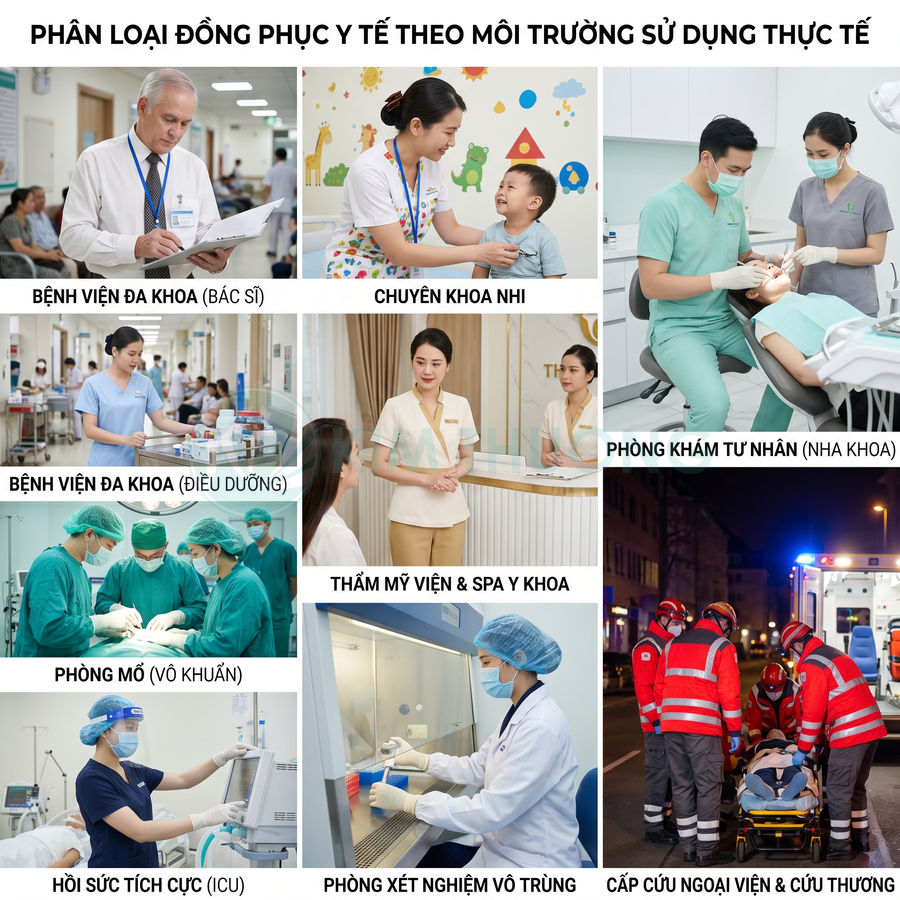 Các loại đồng phục y tế cho bác sĩ, điều dưỡng, nha sĩ, kỹ thuật viên xét nghiệm và nhân viên cấp cứu