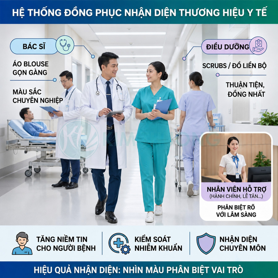 Đồng phục bác sĩ áo blouse trắng, điều dưỡng mặc scrubs xanh, nhân viên hỗ trợ mặc sơ mi trắng trong bệnh viện