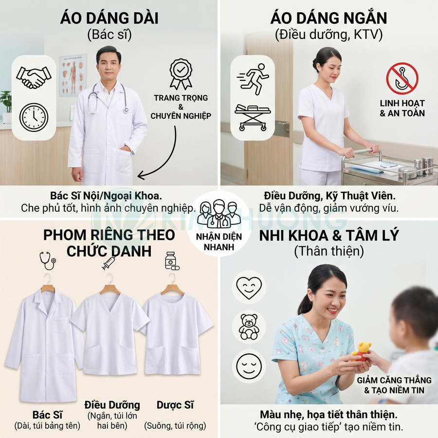Các mẫu đồng phục y tế gồm áo blouse dài bác sĩ, áo ngắn điều dưỡng và áo họa tiết thân thiện cho nhi khoa