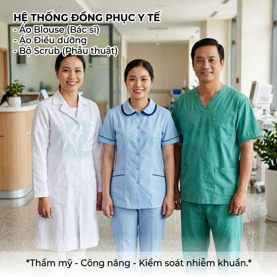 Bộ đồng phục y tế gồm áo blouse bác sĩ, đồ điều dưỡng xanh nhạt và bộ scrub phẫu thuật xanh lá