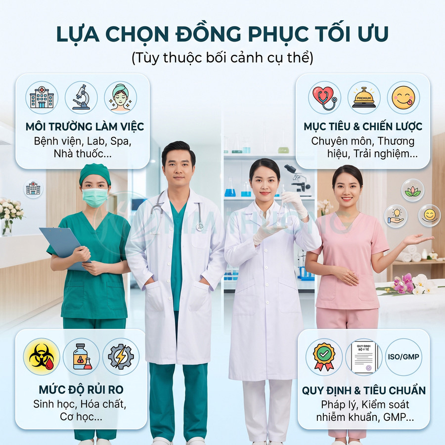 Nhân viên y tế mặc các mẫu đồng phục bệnh viện, phòng lab và spa trong không gian y khoa hiện đại