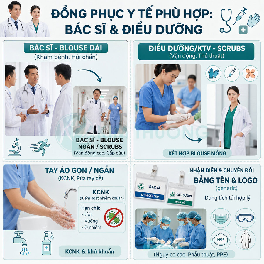 Đồng phục y tế cho bác sĩ và điều dưỡng gồm blouse trắng, scrubs xanh, thẻ tên và đồ bảo hộ phẫu thuật