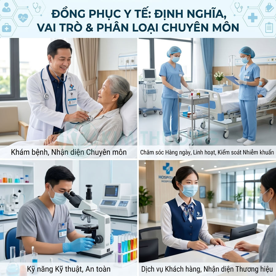 Đồng phục y tế bệnh viện cho bác sĩ, y tá, kỹ thuật viên xét nghiệm và nhân viên lễ tân trong các tình huống làm việc