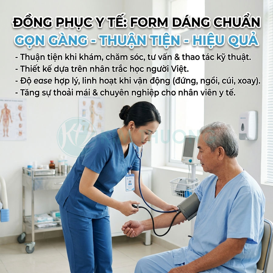 Đồng phục y tế màu xanh form dáng chuẩn, điều dưỡng đo huyết áp cho bệnh nhân trong phòng khám