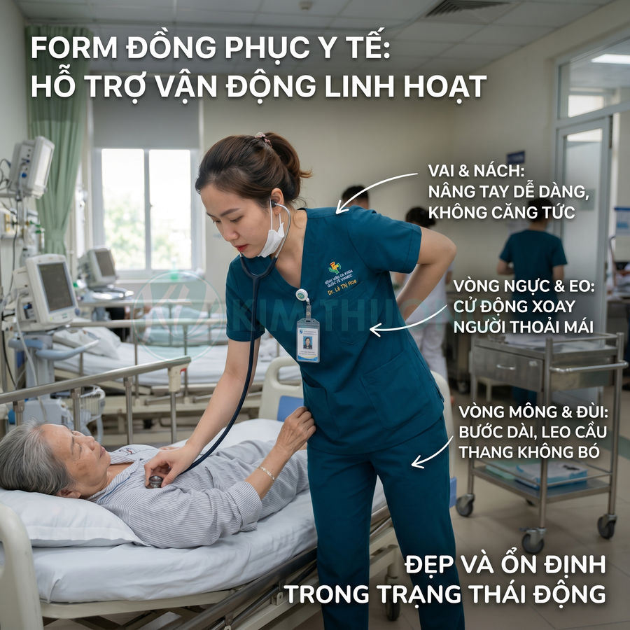 Đồng phục y tế màu xanh cho nữ điều dưỡng, thiết kế co giãn hỗ trợ vận động linh hoạt khi chăm sóc bệnh nhân