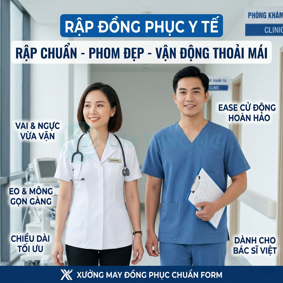 Đồng phục y tế chuẩn form cho bác sĩ gồm áo blouse trắng và bộ scrub xanh lam hiện đại