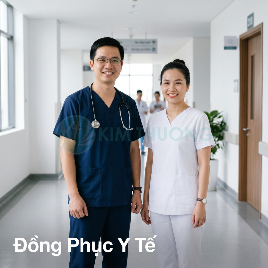 Đồng phục y tế nam màu xanh navy và nữ màu trắng cho bác sĩ điều dưỡng trong bệnh viện