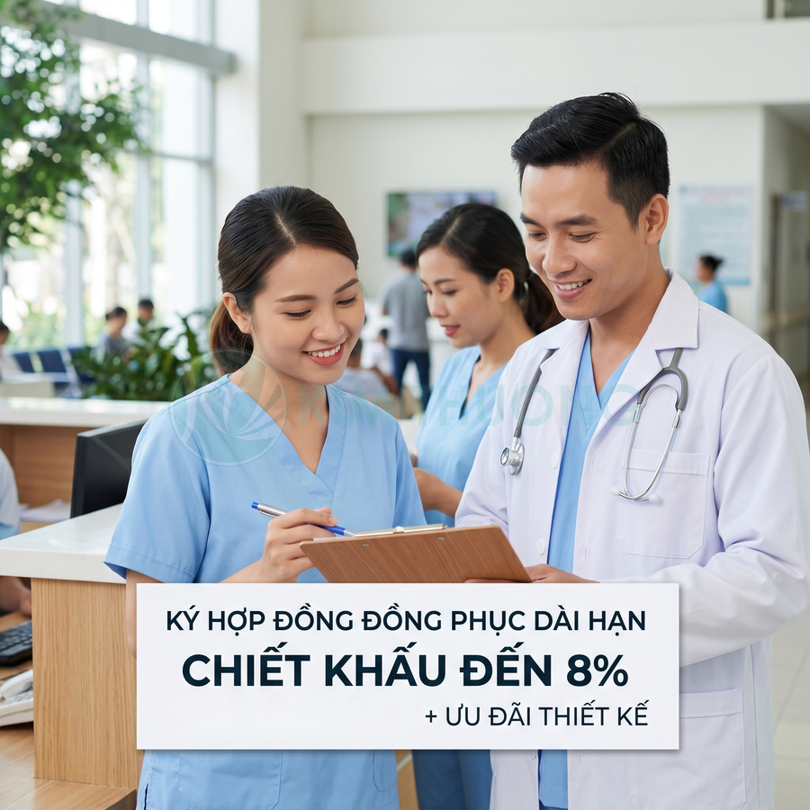 Nhân viên y tế mặc đồng phục bệnh viện màu xanh và trắng tư vấn ưu đãi chiết khấu hợp đồng đồng phục dài hạn