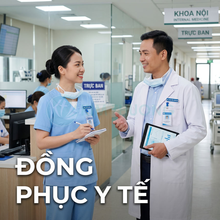 Bác sĩ và y tá mặc đồng phục y tế màu xanh trắng trao đổi công việc trong khoa nội bệnh viện