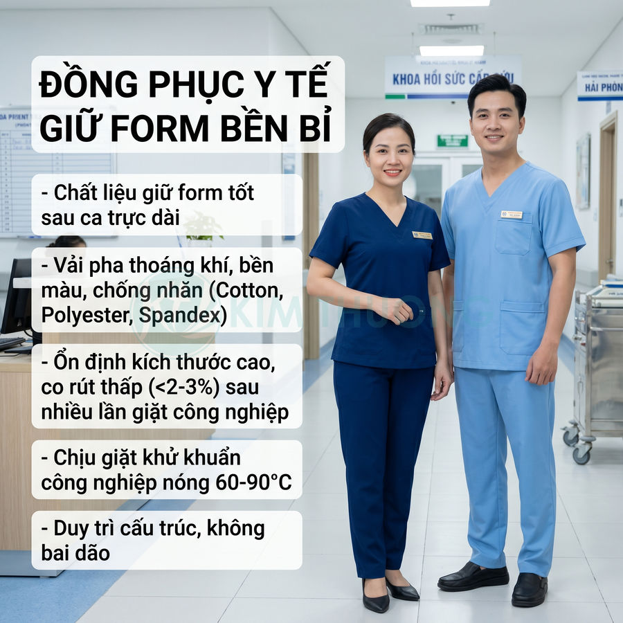 Đồng phục y tế nam nữ màu xanh chất liệu Cotton Polyester Spandex giữ form bền đẹp trong bệnh viện