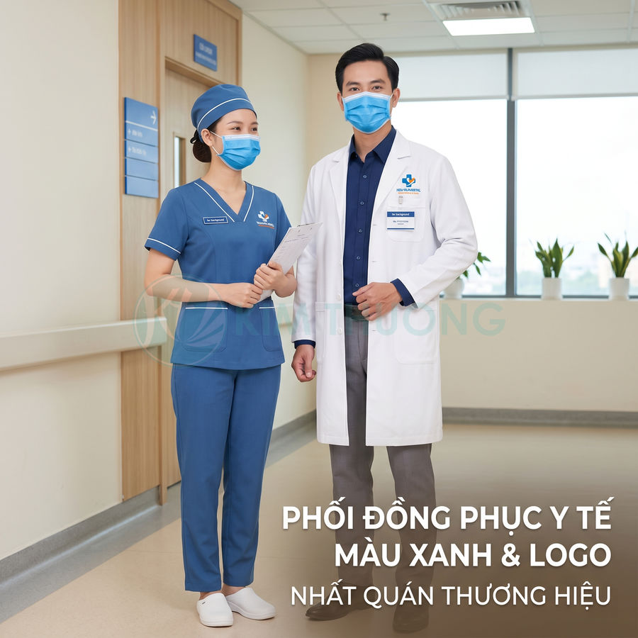 Bộ đồng phục y tế màu xanh có logo thương hiệu trên áo bác sĩ và điều dưỡng trong bệnh viện