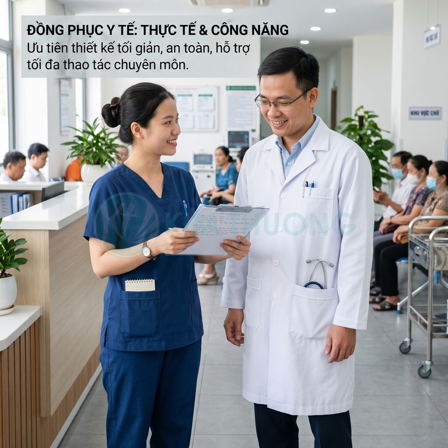 Đồng phục y tá màu xanh và áo blouse bác sĩ trắng trong không gian phòng khám hiện đại