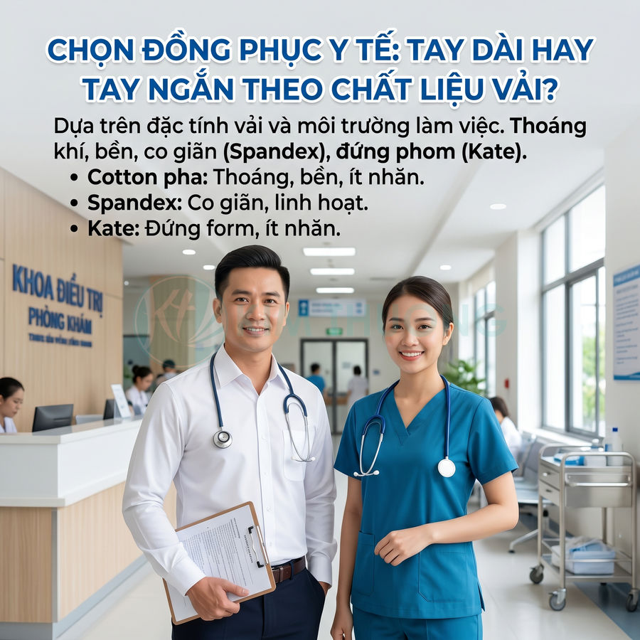Bác sĩ nam áo sơ mi tay dài và nữ y tá mặc scrub tay ngắn đứng trong hành lang bệnh viện