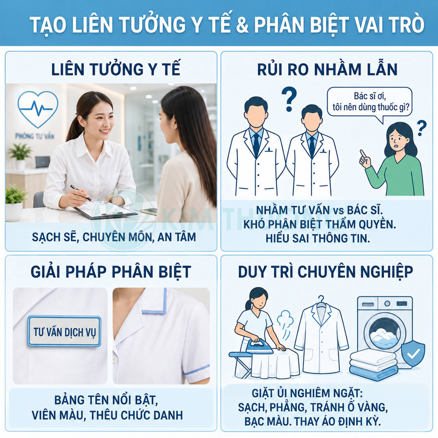 Đồng phục y tế trắng cho nhân viên tư vấn với bảng tên thêu chức danh nổi bật, sạch sẽ chuyên nghiệp