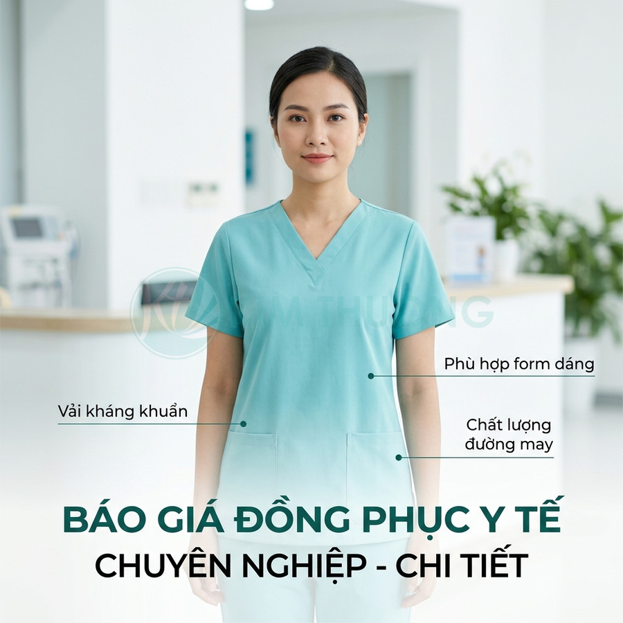 Nữ nhân viên y tế mặc đồng phục scrub màu xanh ngọc vải kháng khuẩn trong bệnh viện hiện đại