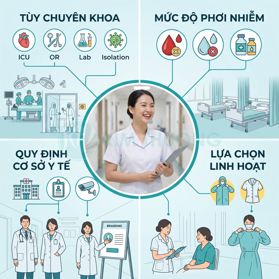 Nữ y tá mặc đồng phục trắng cầm hồ sơ đứng trong hành lang bệnh viện, xung quanh là minh họa quy trình y tế