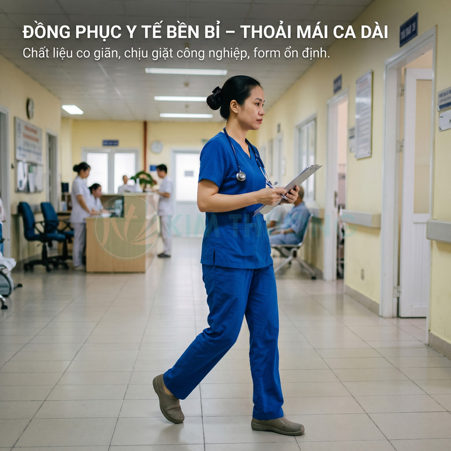 Đồng phục y tế màu xanh dương co giãn thoải mái cho điều dưỡng làm việc trong bệnh viện