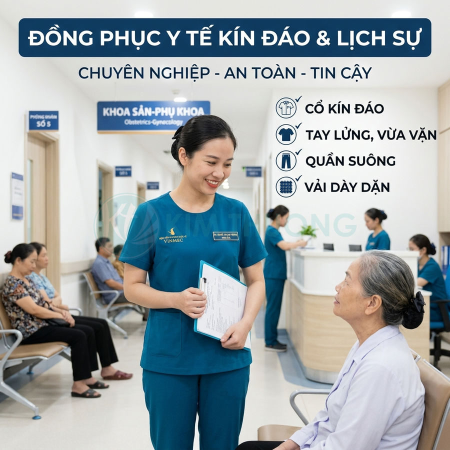 Đồng phục y tế Vinmec màu xanh kín đáo lịch sự, điều dưỡng tư vấn bệnh nhân tại sảnh chờ khoa sản phụ khoa