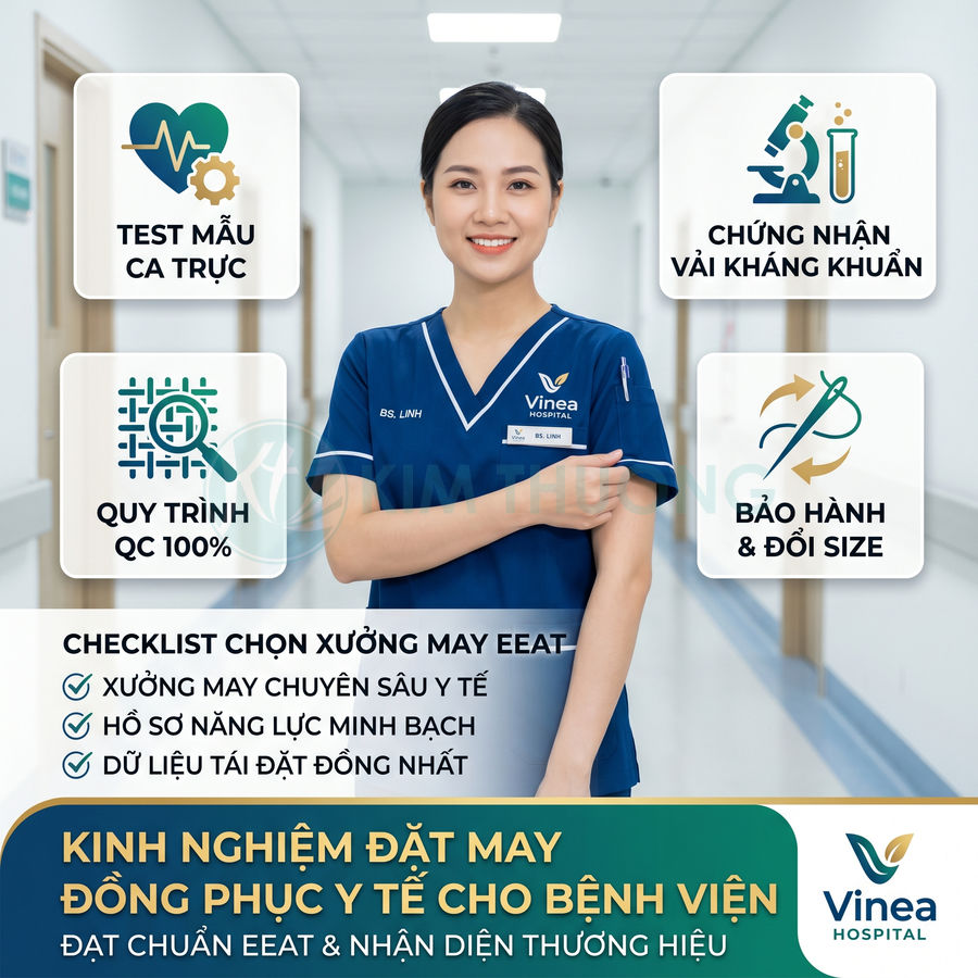 Đồng phục y tá bệnh viện Vinea màu xanh navy, cổ tim, tay ngắn, thiết kế chuyên nghiệp cho nhân viên y tế