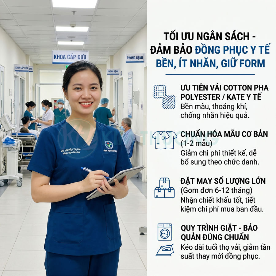 Nữ nhân viên y tế mặc đồng phục bệnh viện màu xanh navy cầm tablet đứng trong hành lang khoa cấp cứu