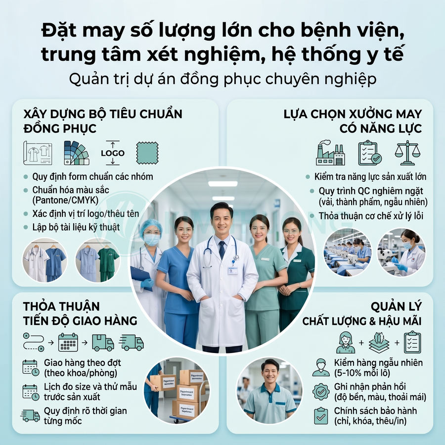 Dịch vụ đặt may đồng phục y tế số lượng lớn cho bệnh viện và phòng khám với quy trình quản lý chuyên nghiệp