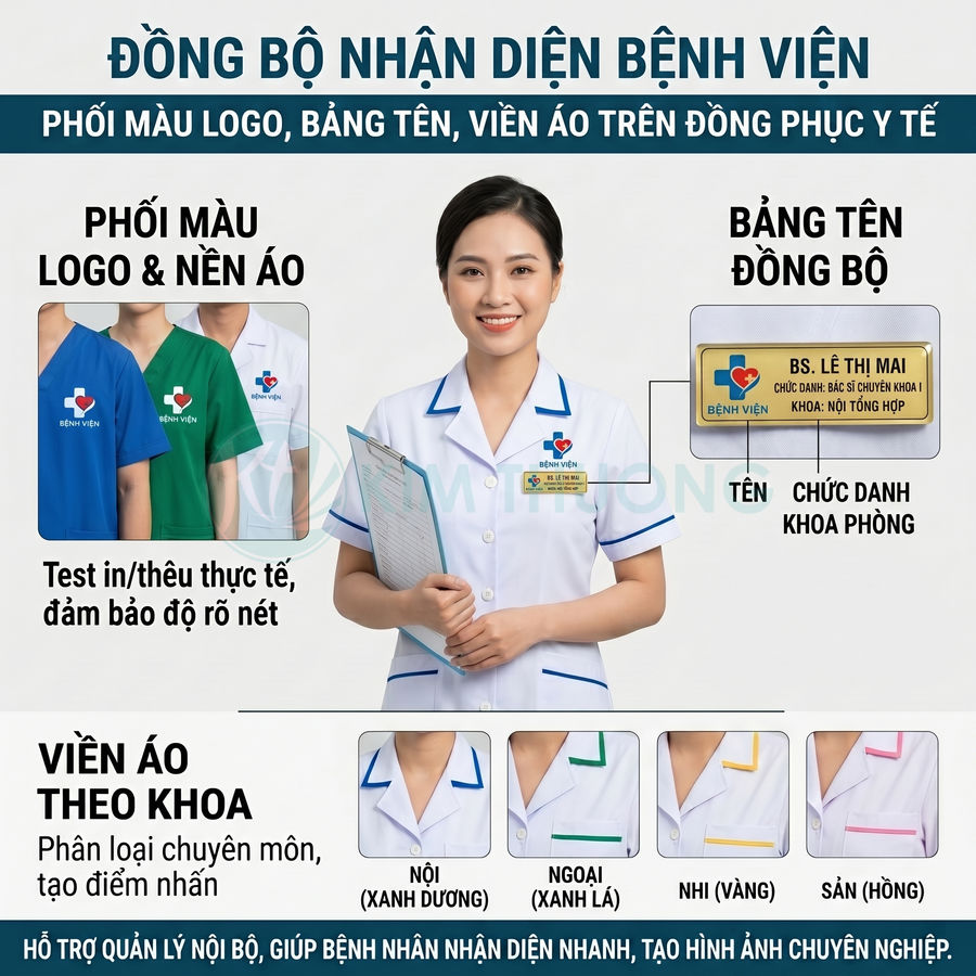 Đồng phục y tá bệnh viện với logo, bảng tên và viền áo phân màu theo khoa chuyên môn
