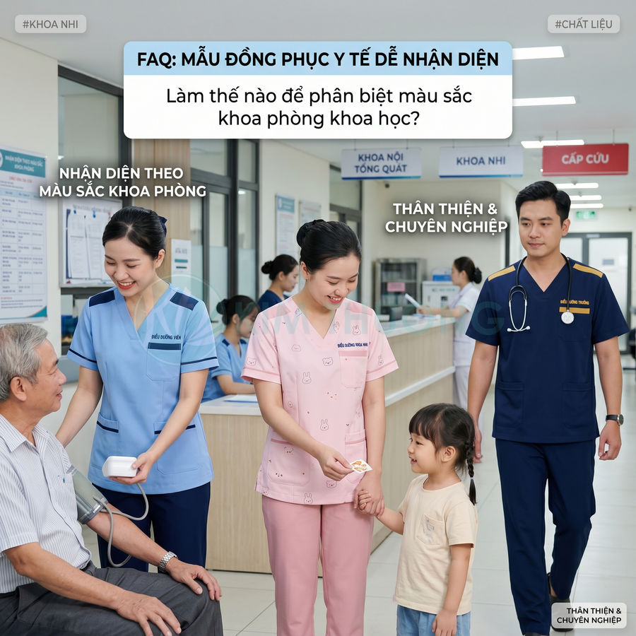 Nhân viên y tế mặc đồng phục bệnh viện nhiều màu sắc chăm sóc bệnh nhi và bệnh nhân tại sảnh khoa khám chữa bệnh