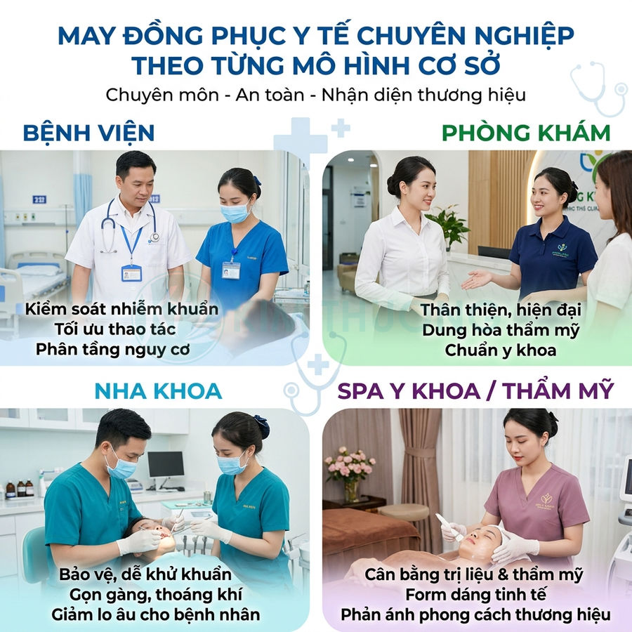 Mẫu đồng phục y tế chuyên nghiệp cho bệnh viện, phòng khám, nha khoa và spa thẩm mỹ với nhiều màu sắc khác nhau