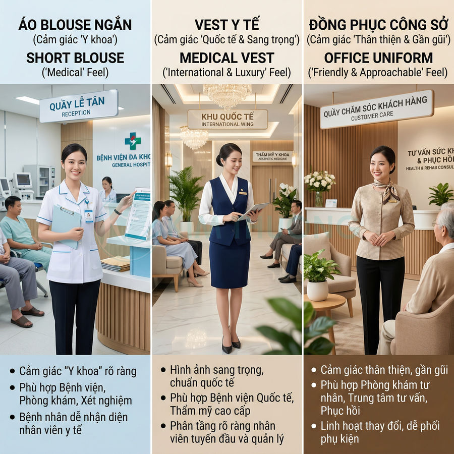 Các mẫu đồng phục nữ cho bệnh viện và phòng khám gồm áo blouse ngắn, vest y tế và đồng phục công sở
