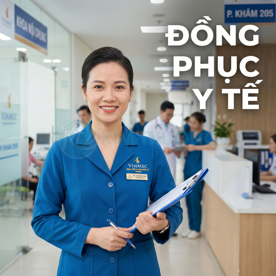 Đồng phục y tế Vinmec màu xanh cho nhân viên bệnh viện tại quầy tiếp đón
