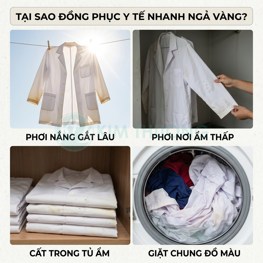 Các nguyên nhân làm áo blouse trắng y tế nhanh ố vàng và bạc màu khi phơi, cất tủ ẩm và giặt chung đồ màu