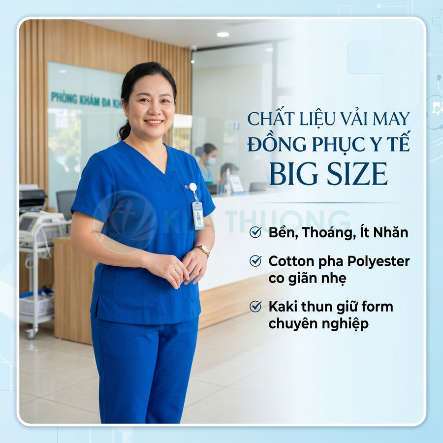 Nữ nhân viên y tế mặc đồng phục y tế big size màu xanh dương đứng trong phòng khám hiện đại