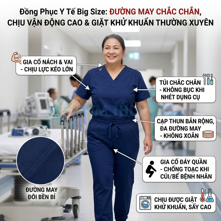 Đồng phục y tế big size màu xanh navy cho nữ, chất liệu bền chắc, nhiều túi tiện dụng, phù hợp môi trường bệnh viện
