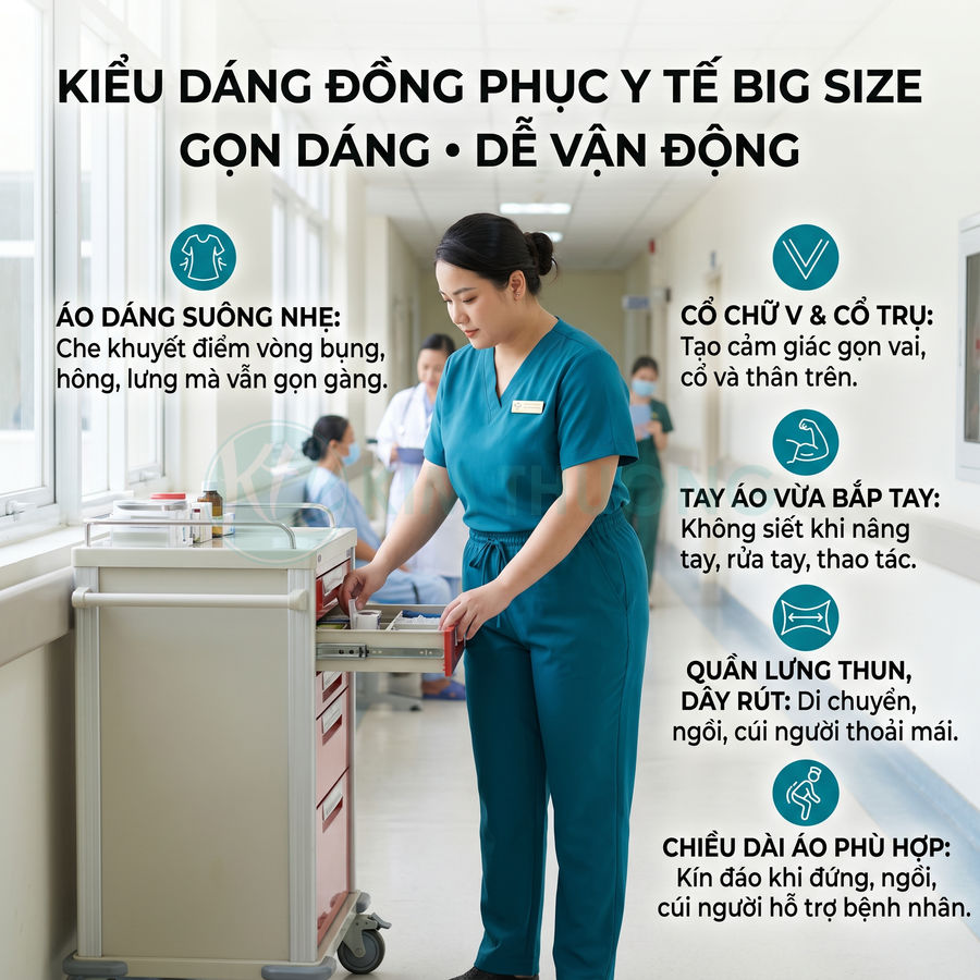 Đồng phục y tá big size màu xanh cổ vịt dáng suông, quần lưng thun dây rút, thiết kế gọn dáng dễ vận động