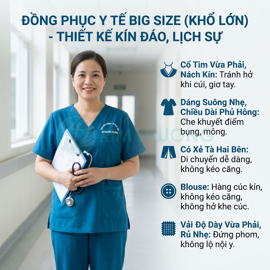 Đồng phục y tế big size màu xanh cho nữ, thiết kế kín đáo lịch sự, cổ tim, dáng suông, quần xẻ tà hai bên