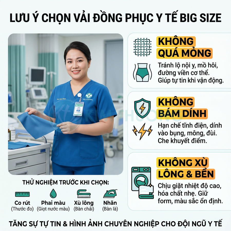 Nữ y tá mặc đồng phục y tế big size màu xanh dương cầm mẫu vải trong phòng khám hiện đại