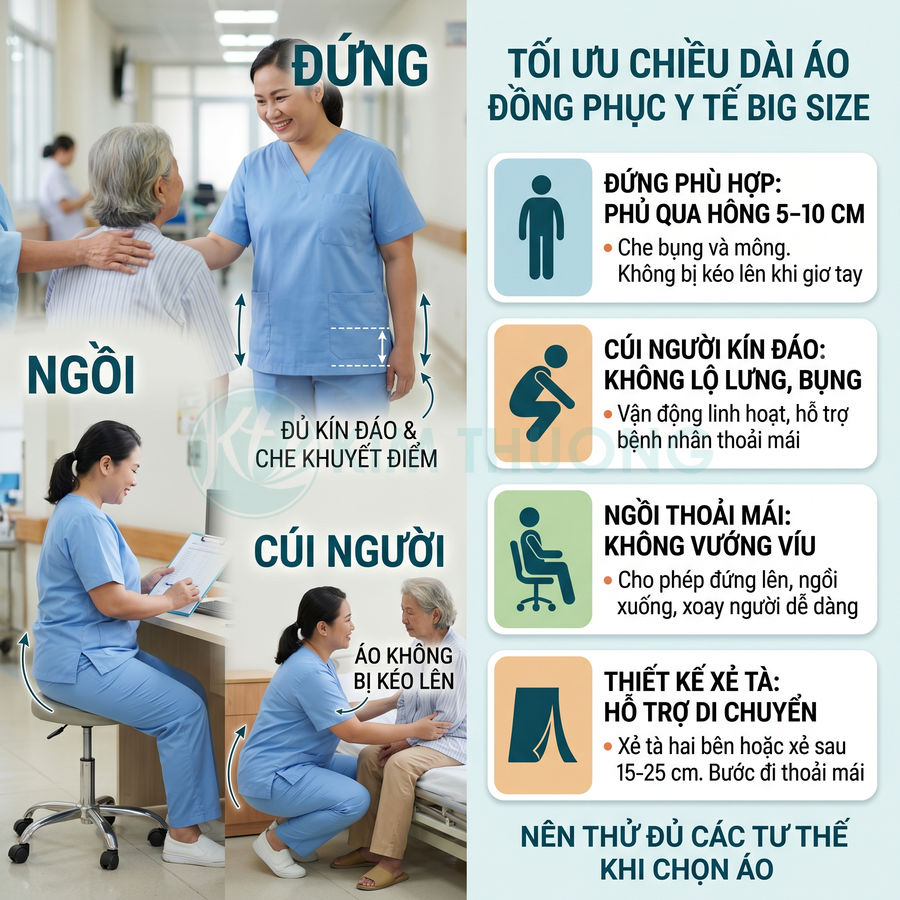 Đồng phục y tế big size màu xanh cho nữ điều dưỡng, tối ưu chiều dài áo khi đứng, ngồi và cúi người
